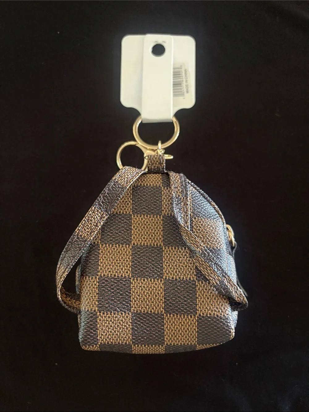 Cute Fashion Brown Checkered Mini Backpack Keychain Bag Charm with Gold Bear